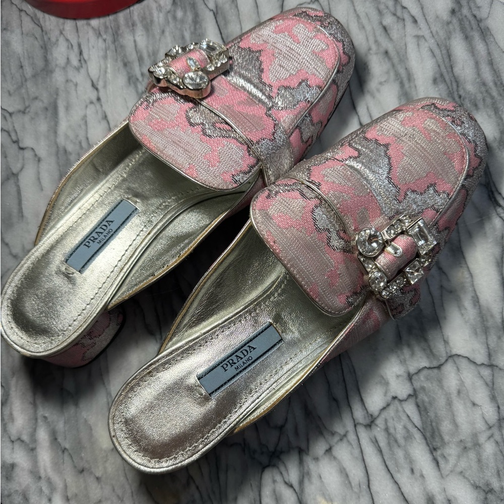 USED Prada 35mm Metallic Jacquard Loafer in Rosa/Pink, Size: US6B / 36EU